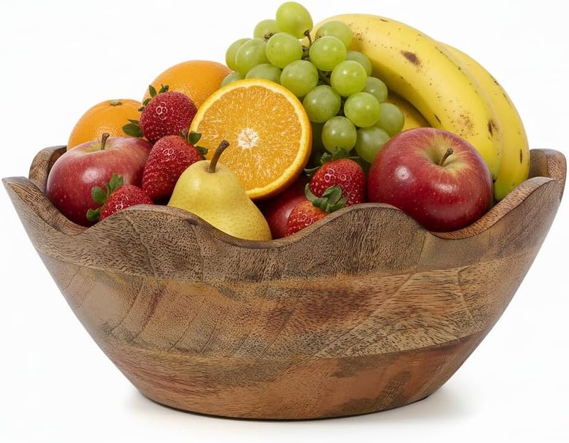 Mela Artisans Medium Scalloped Decorative Wooden Bowl | 10 Inch Mango Wood Fruit & Serving Bowl | Natural Grain Texture | Ideal for Kitchen Counter | Snacks | Desserts | Bread | Handcrafted Decor - Image 1